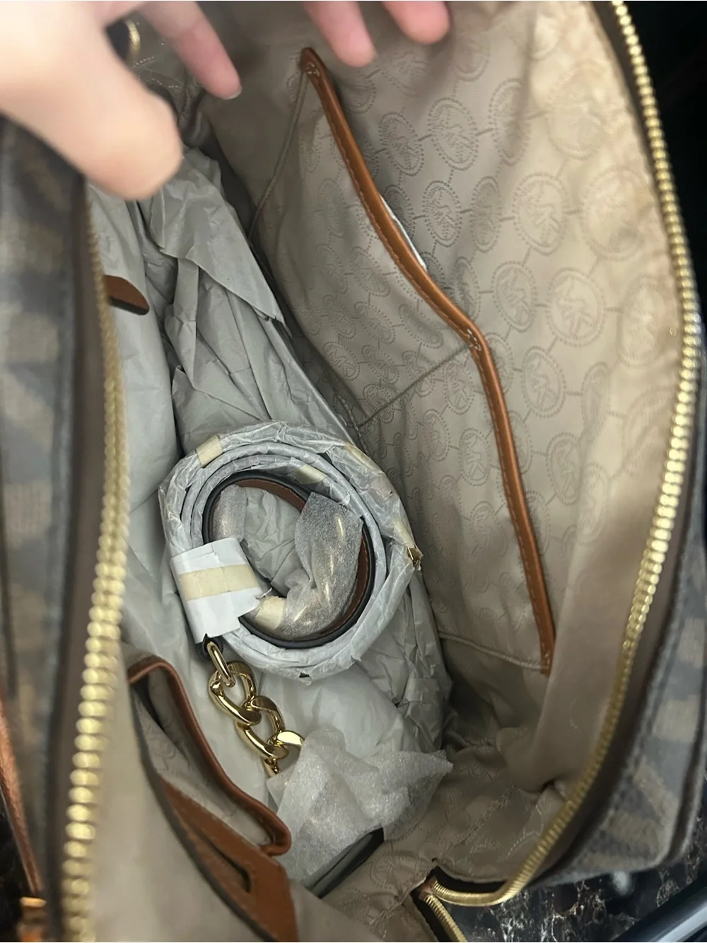 Michael Kors Brown MK Logo Satchel with Tan Handles and Gold Accent